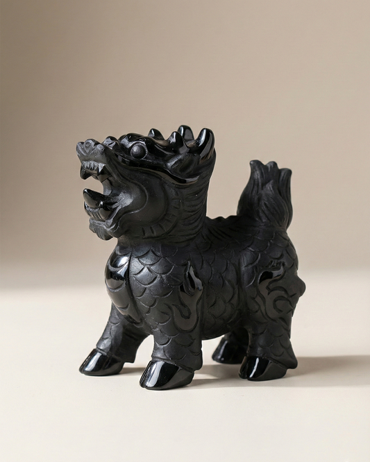 Natural Black Obsidian Qilin Protector — Wealth & Guardian Energy