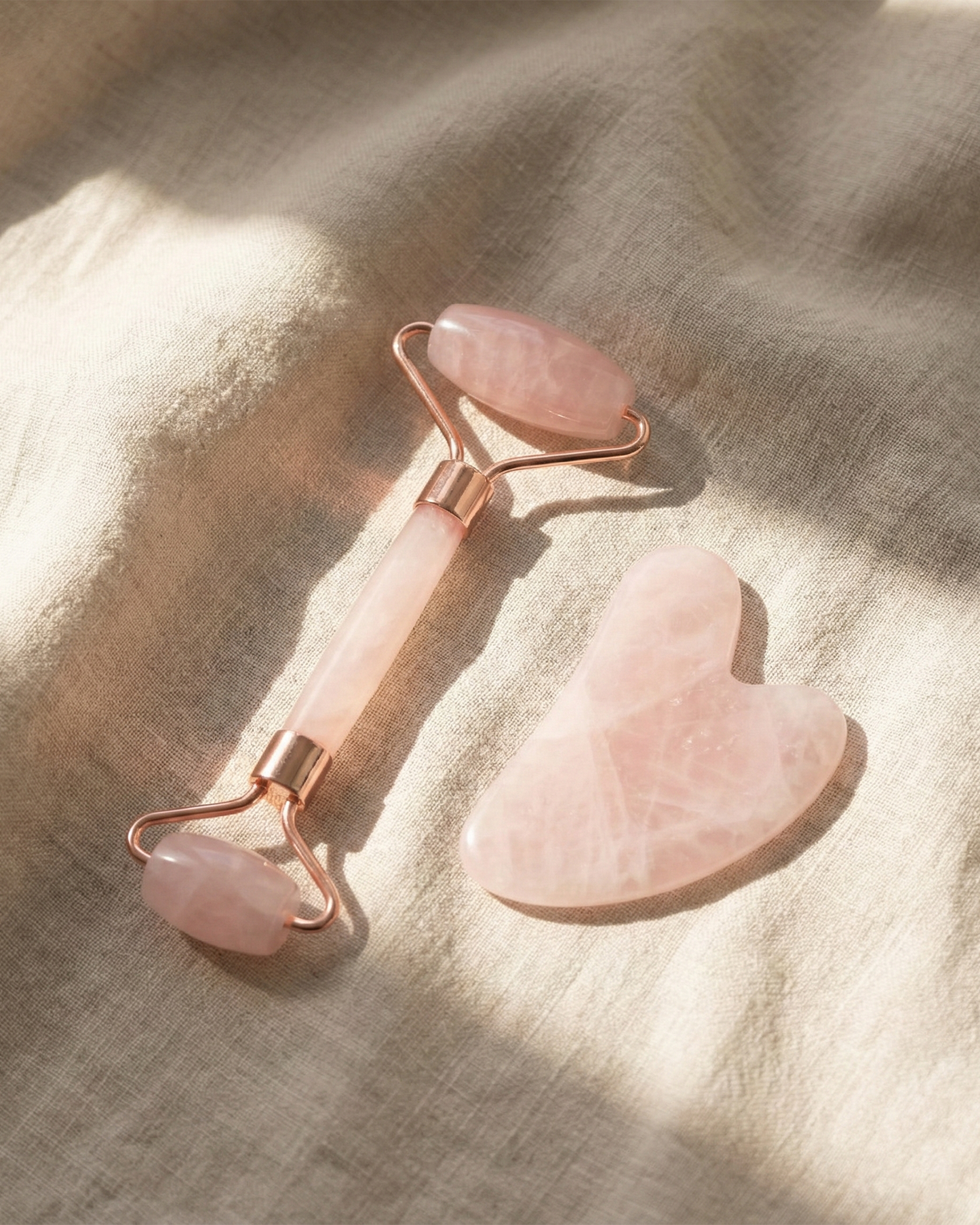 Natural Rose Quartz Gua Sha & Roller Set | Facial Yoga Tools