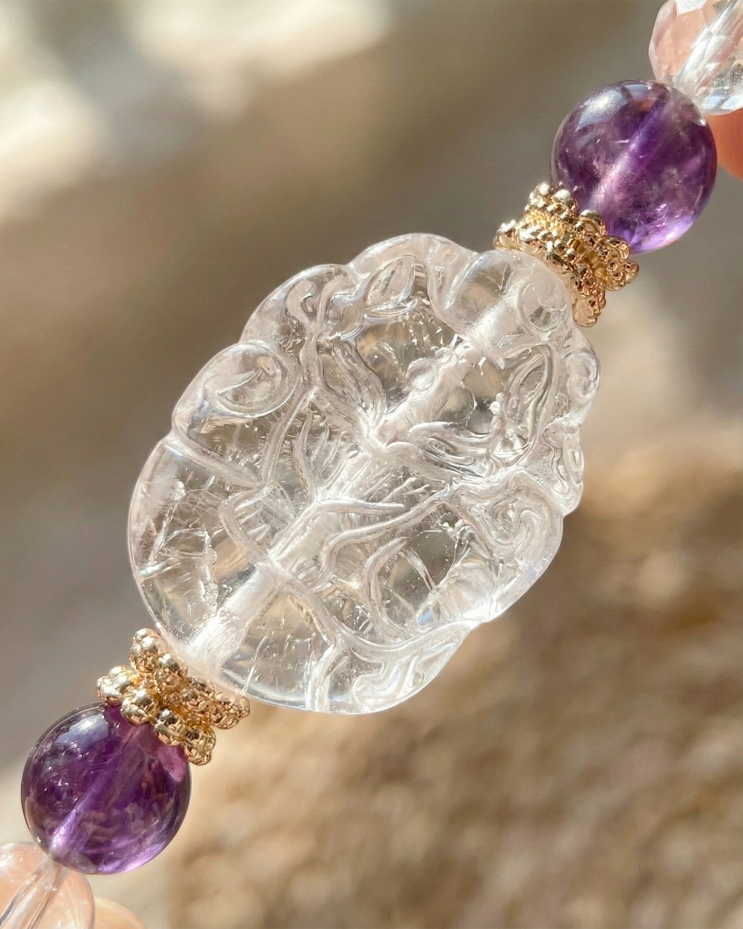 Amethyst Bracelet with Clear Quartz Fox | Wise Love & Protection