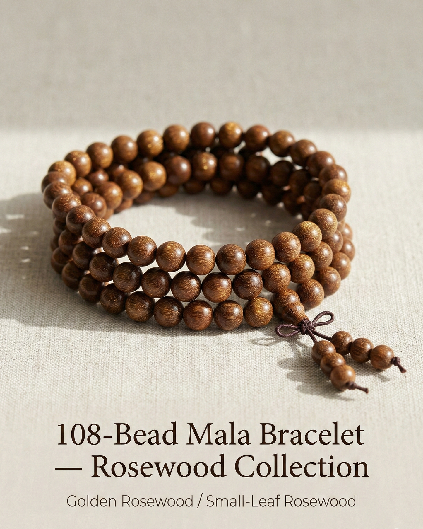 108-Bead Mala Bracelet — Rosewood Options (Golden Rosewood / Small-Leaf Rosewood)