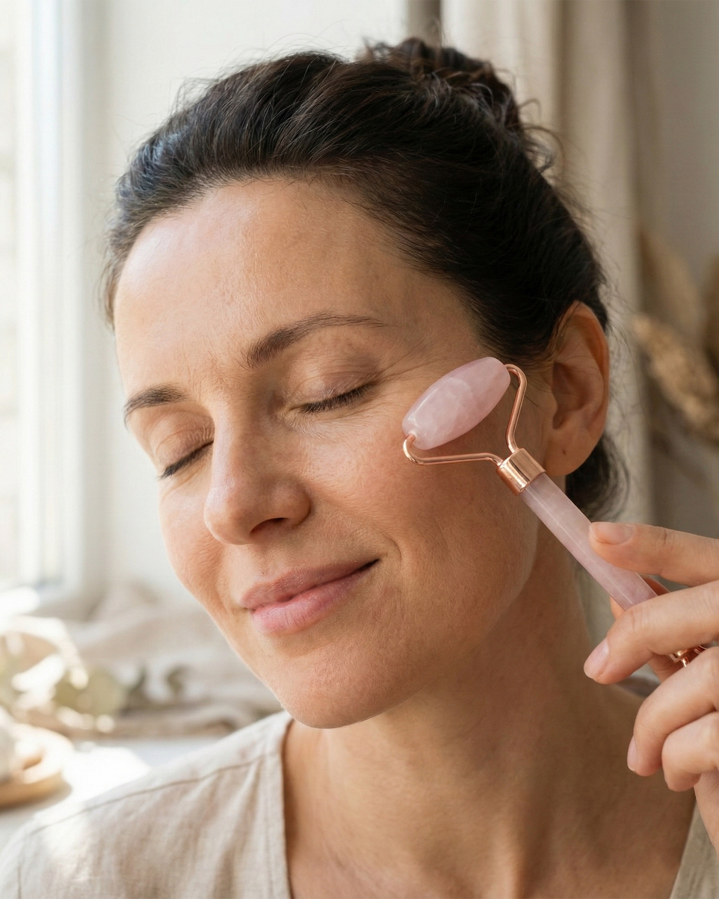Natural Rose Quartz Gua Sha & Roller Set | Facial Yoga Tools