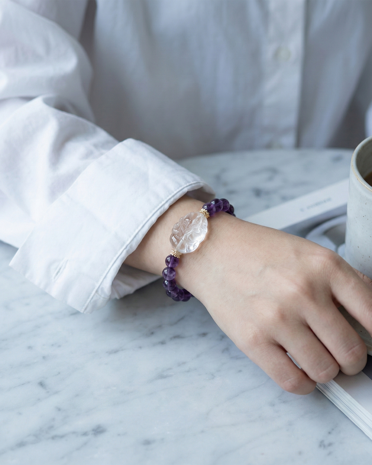 Amethyst Bracelet with Clear Quartz Fox | Wise Love & Protection