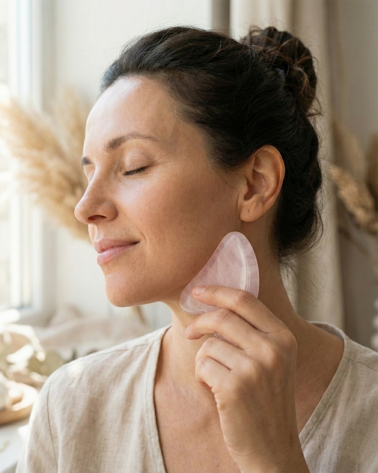 Natural Rose Quartz Gua Sha & Roller Set | Facial Yoga Tools