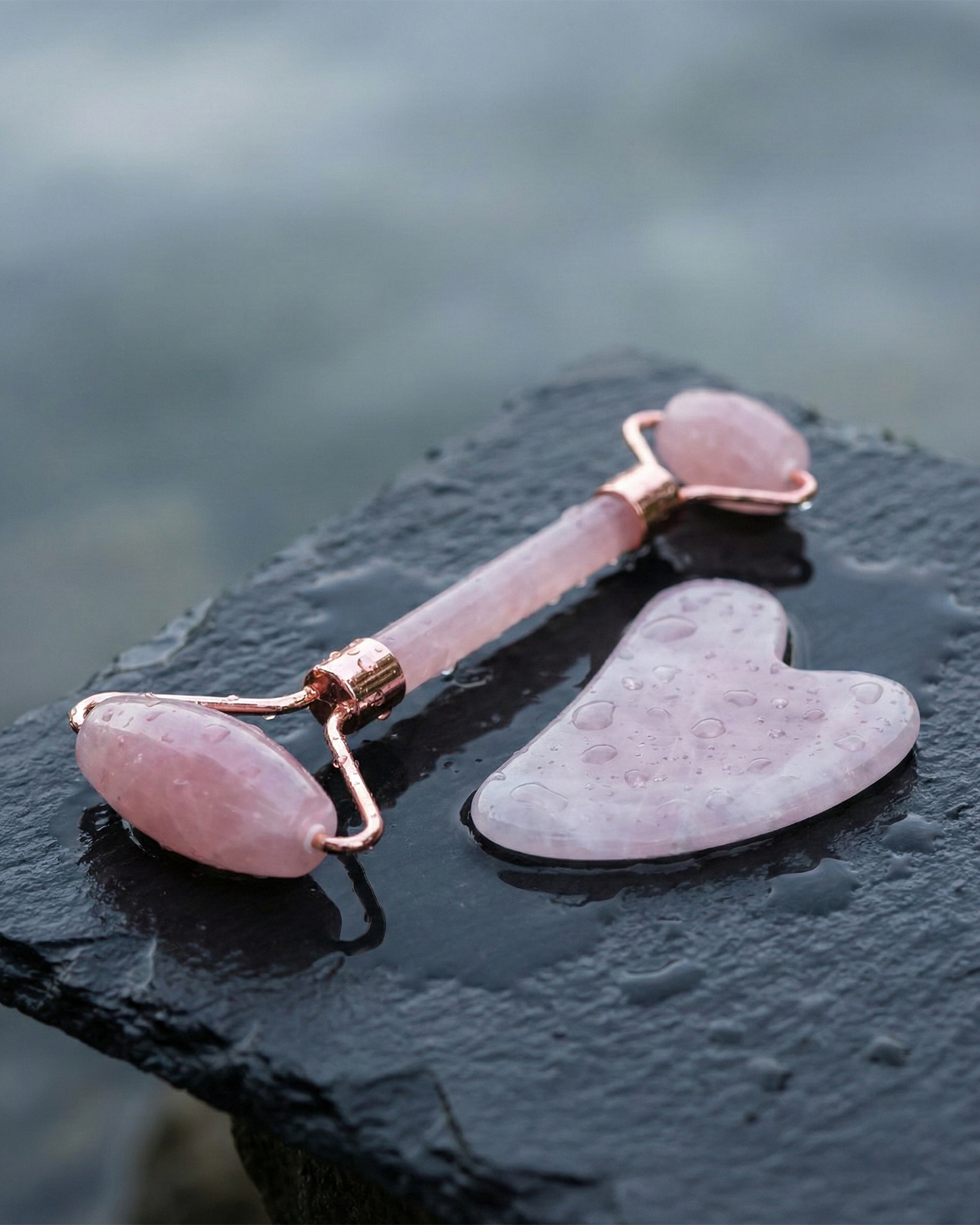 Natural Rose Quartz Gua Sha & Roller Set | Facial Yoga Tools