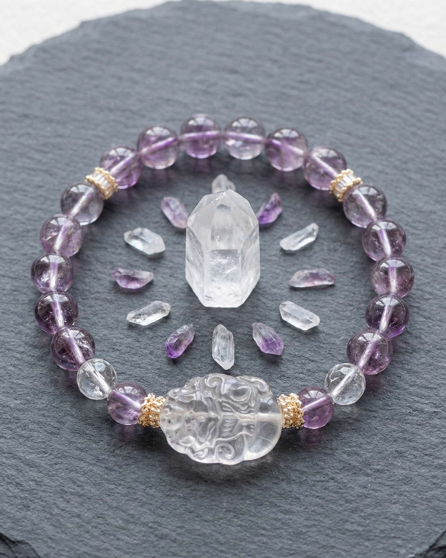 Amethyst Bracelet with Clear Quartz Fox | Wise Love & Protection