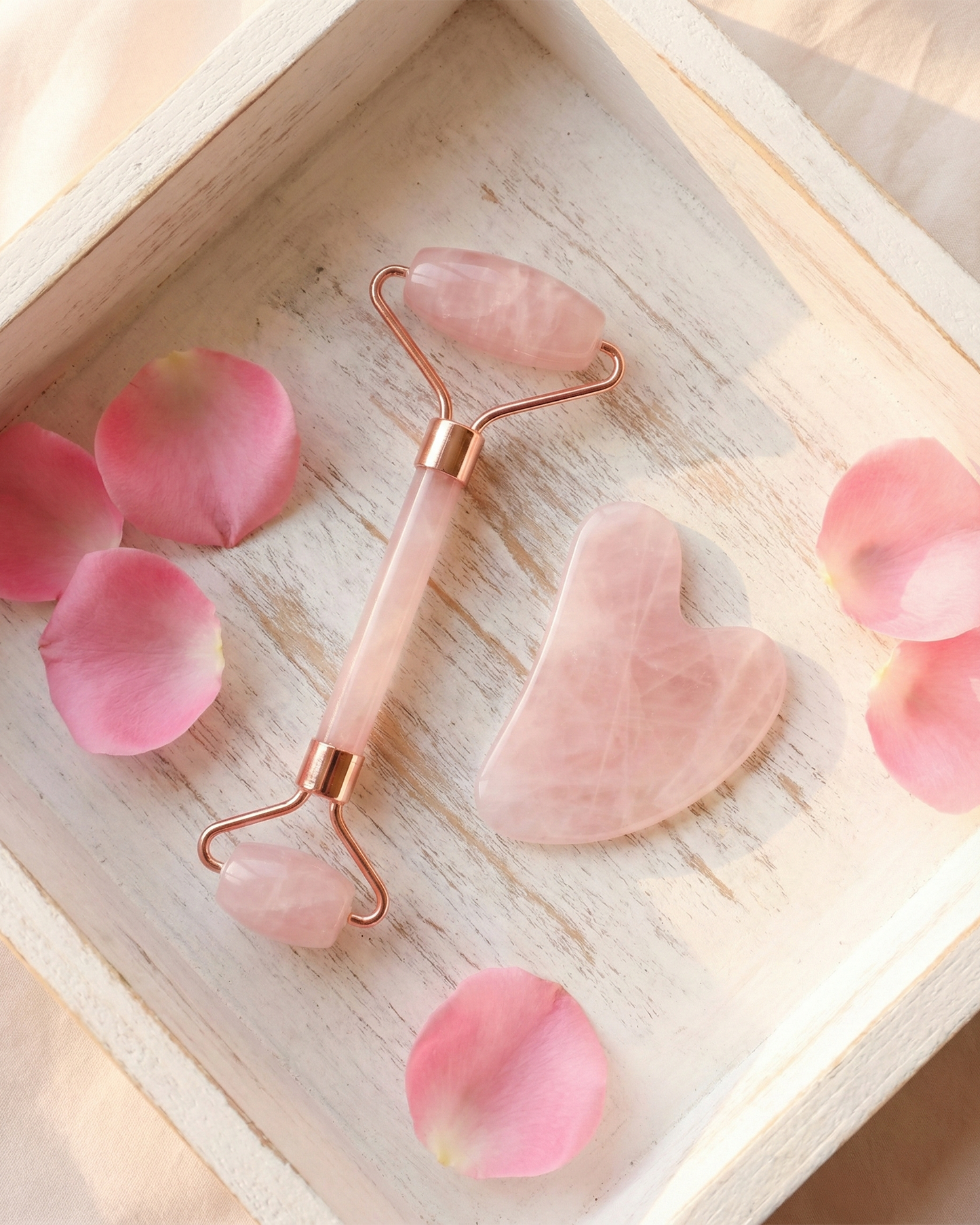 Natural Rose Quartz Gua Sha & Roller Set | Facial Yoga Tools